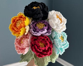 Handmade Crochet Yarn Peony, Multiple Layer Petal, Purple, Red, Pink, Blue, Orange, White Peony, Flower Arrangement, Peony Flower Bouquet