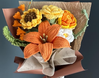 Hand-Crocheted Yarn Bouquet, Lily Sunflower Arrangement, Valentine, Mother's Day, Birthday Gift, Wrapped Flower for Fiancee, Mom, Girlfriend