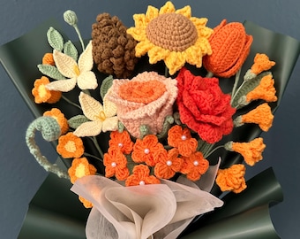Hand-Knitted Milk Yarn Bouquet, Wrapped Orange Flower, Finished Product, Birthday, Anniversary, Friendship, Gift for Her, Wife, Mom, Grandma