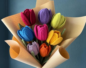 Hand-Crocheted Flower Arrangement, Red Pink Lily, Sunflower, Tulip, Bouquet for Anniversary, Consolation, Birthday, Gift for Mom, Friend