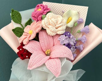 Hand-Knitted Yarn Flower Bouquet, Pink Rose, Lily, Birthday Gift, Anniversary, Gift for Wife, Girlfriend, Sister, Forever Flower, Home Decor