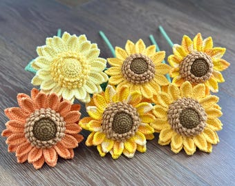 Sunflower Hand Crochet in Milk Yarn, Single Sunflower w/bendable stem, Floral Home Decor, Forever Flower, Gift for Graduation & Housewarming