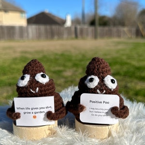 Handmade Crochet Poop Emoji with Positive Quotes, Emotional Support Poo, Funny Unique Gift, Positive Desk Decor Laugh in Hard Times,Cheer Up