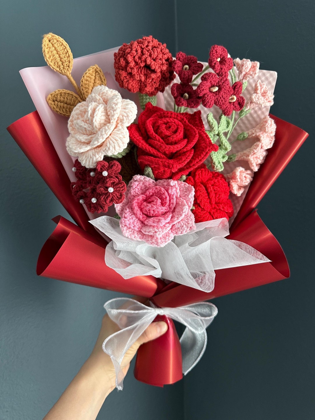 Handmade Crochet Red Pink Rose Bouquet, Birthday, Anniversary ...