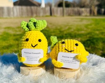 Positive Crochet Lemon & Pineapple,Tiny Unique Gift in Supportive Affirmative Quotes, Emotional Support, Mental Health Office Table Decor