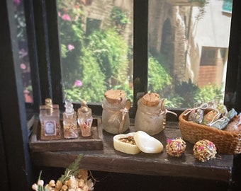 French Beauty Products 1:12 Scale Miniatures - herbal bath salts, lavender sachets, potpourri decor balls, flower infused perfumes.