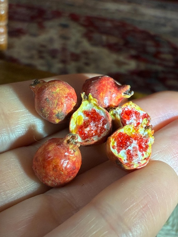 Realistic Pomegrantes 1:12 Scale Miniatures (whole pomegranate, half pomegranate, and plate)