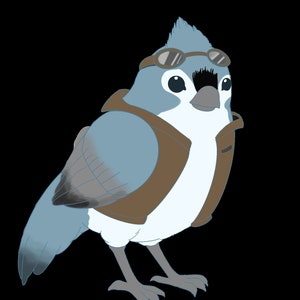 May include: A blue and gray bird wearing brown goggles and a brown leather jacket. The bird has a white belly and black eyes.