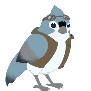 Puede incluir: Un pájaro azul y gris que lleva gafas marrones y una chaqueta de cuero marrón. El pájaro tiene el vientre blanco y un pico negro.