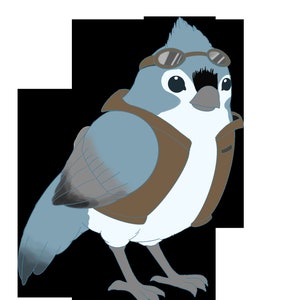 May include: A blue and gray bird wearing brown goggles and a brown vest. The bird has a white belly and black eyes.