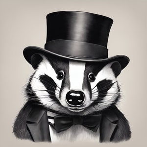 May include: A black and white illustration of a badger wearing a top hat and bow tie. The badger has a serious expression and is looking directly at the viewer.