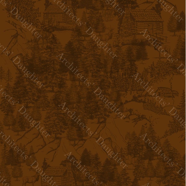 Winter Wilderness Toile Digital Print - Chestnut Brown Forest Animals, Trees, and Mountains