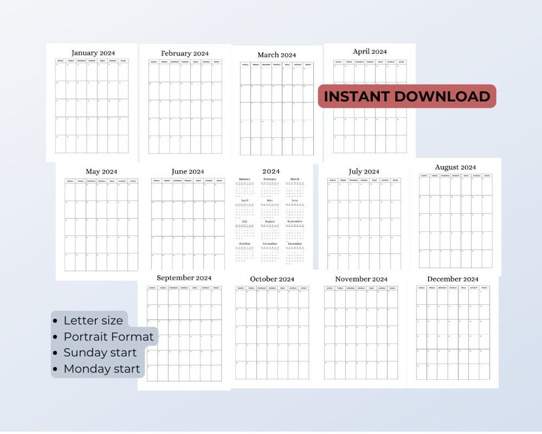 2024 Calendar, 2024 Monthly Planner, Portrait Minimalist Monthly ...