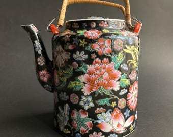 Vintage Chinese Black Ground Famille Rose Porcelain Teapot, 15cm, Mid 20th Century