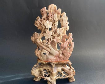 Hand Carved Soapstone Sculpture - Chinese Republic Period Bird & Blossoms