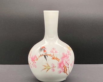 Vintage Chinese Porcelain Vase with Bird, Prunus, Calligraphy Decoration, 14cm, 21st Century.
