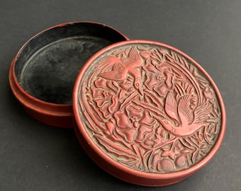 Antique Chinese Carved Cinnabar Lacquer Powder Box, Qing Dynasty, Circa 1900.