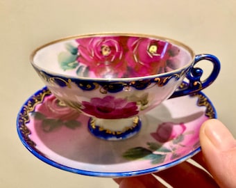 Antique Japanese Porcelain Cup and Saucer, Hand-Painted Roses, 19th-20th Century, Nippon
