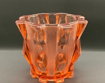Bohemian Art Deco Pressed Salmon Pink Art Glass Vase, 13cm, 20th Century.