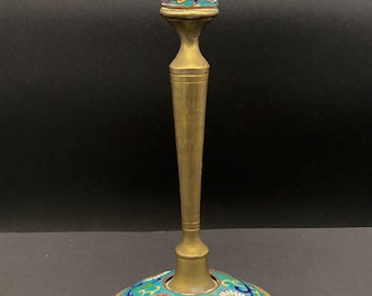 Antique Chinese Brass Champlevé Enameled Candlestick, 17cm, Circa 1900.