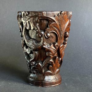 19th Century Chinese Carved Hardwood Brush Pot, 10.5cm, Libation Cup Form Bitong.