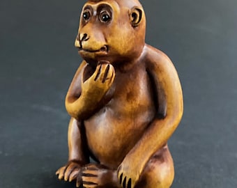 Antique Netsuke of a Monkey, Signed, Carved Wood, Circa 1900, Late Meiji Period