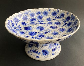 Vintage Vietnamese Blue & White Porcelain Pedestal Dish, Mid-20th Century