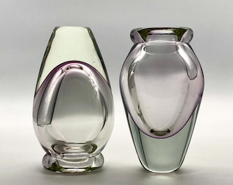 Murano Green & Amythyst Sommerso Glass Vases, 20cm, 20th Century Pair.