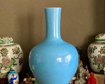 Large Chinese Hand Thrown Blue Tianqiuping Porcelain Vase, circa pre-1960.