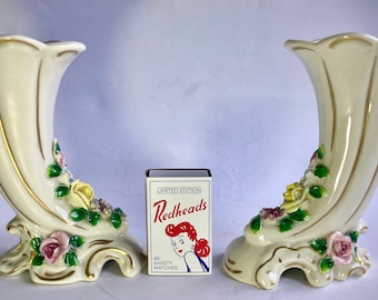 Antique Dresden Porcelain Cornucopias – Floral Home Decor, c1930
