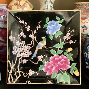 Vintage Chinese Porcelain Black Ground Famille Rose Plates - Finely Hand Painted - 1965-1970 - Excellent Condition - Home Decor - Asian Art.