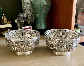 Antique Chinese Export Silver Dragon Bowls, Wang Hing, Qing Dynasty Pair