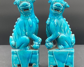 Pair of Turquoise Porcelain Foo Lion Figures, 17.5cm, Chinese Guardian Dog Statues, Republic Period.