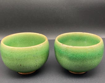 Antique Japanese Apple Green Crackle Glazed Teacups, Late Meiji Period.