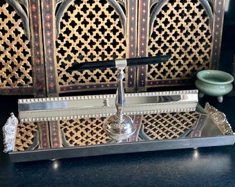 Antique Art Deco Period Silver Plated Desk Standish with Bakelite Rest, 39cm.