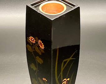 Japanese Black Lacquerware Ikebana Vase with Floral Motifs, 29cm, Circa 1930's.