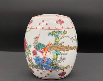 Vintage Chinese Famille Rose Porcelain 'Phoenix' Barrel Jar, 12cm, Mid 20th Century.
