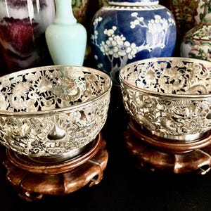 Antique Chinese Export Solid Silver Open Work Dragon Bowls - Wang Hung - Late Qing Dynasty c.1900 - Excellent Condition - Asian Art - Gift.