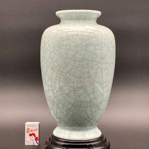Chinese Crackle Glazed 36cm Porcelain Vase with Antique Art Deco Period Glass Stand