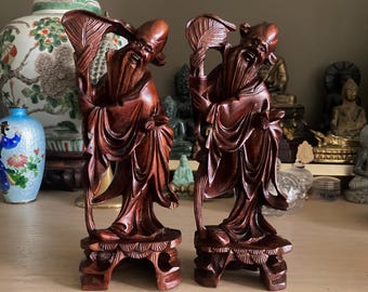 Antique Chinese Hand Carved Wooden Immortal Figures, 17cm, Republic Period.