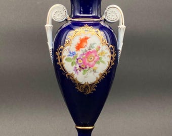 Meissen Empire Style Floral Porcelain Amphora Vase, 25.5cm, Sevres Bleu.