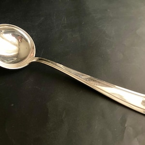 May include: A silver ladle with a round bowl and a long, slightly curved handle. The ladle is made of a shiny, reflective metal, likely stainless steel or silver. The handle has a rectangular design near the end.