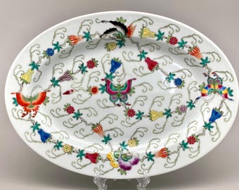Piatto da portata vintage in porcellana cinese, 35 cm, decorato con farfalle e fiori.