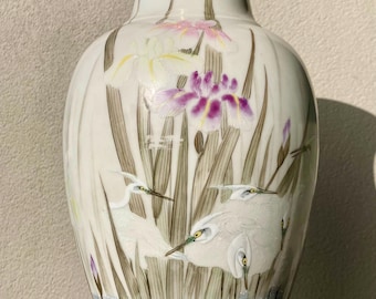 Fine Japanese Kutani Porcelain Vase, Hand Painted White Cranes & Iris's, Circa 1890, Meiji.