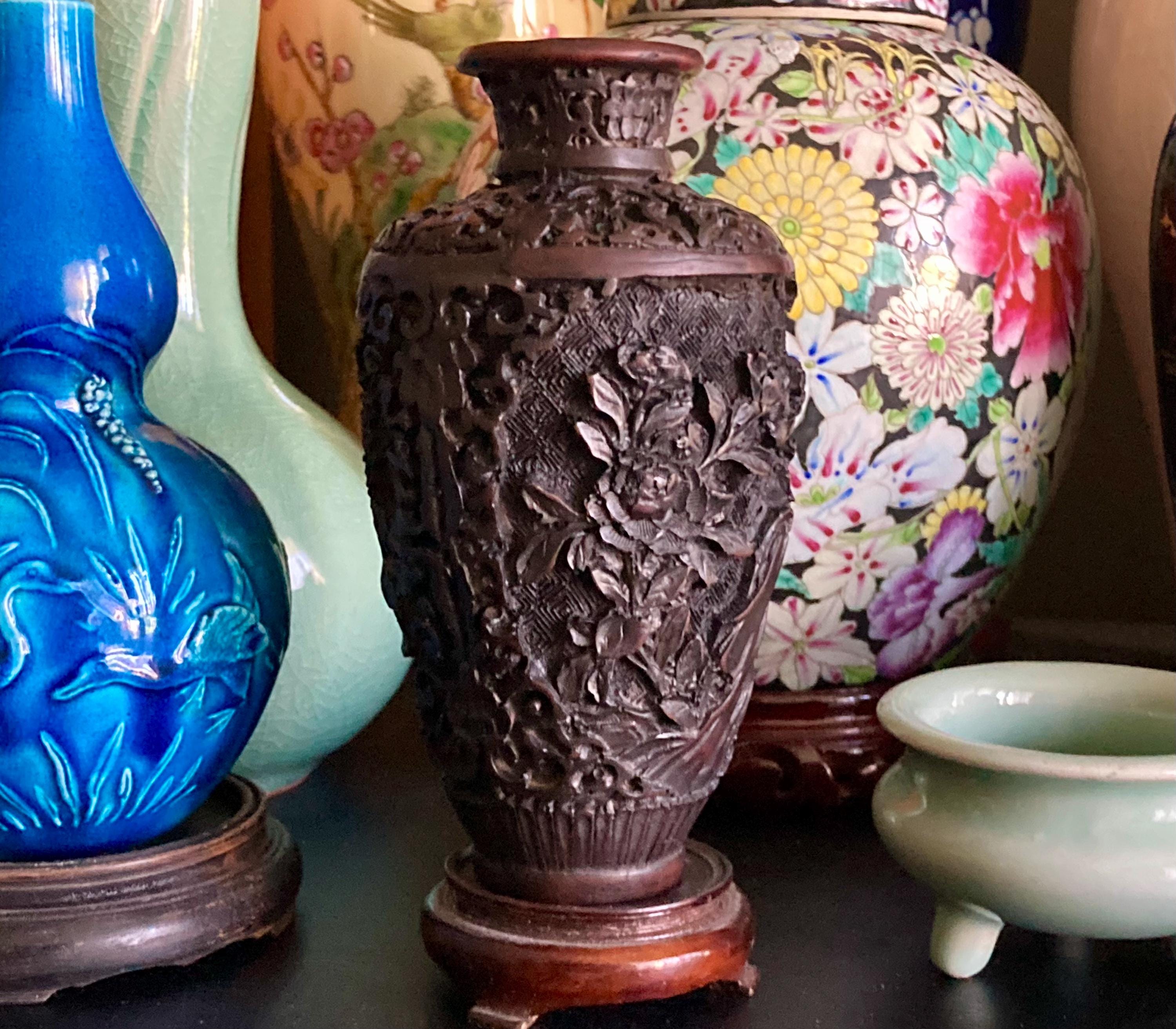 中国風の黒漆樹脂花瓶 - 20世紀初頭 - Etsy 日本