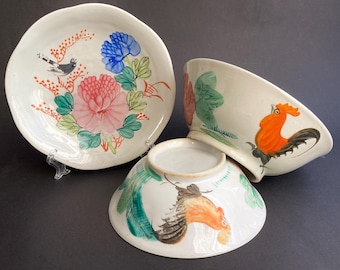 Three Chinese Provincial Hand Painted Export Porcelain Dishes, Rooster, 19th and 20th Centuries.