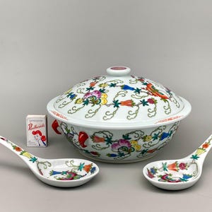 Vintage Chinese Porcelain Serving Bowl and Spoons, 26cm, Butterfly & Flowers.