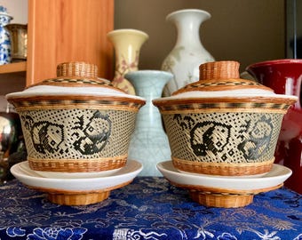 Handmade Woven Bamboo Inlay Porcelain Gaiwan Cups, 20th Century China
