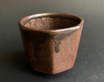 Antique Japanese Bizen Ware Pottery Octagonal Cup, Signed, Early 20th Century