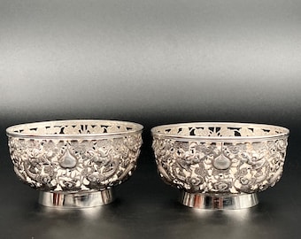 Wang Hing Chinese Export Silver Open Work Dragon Bowls, Circa 1900.